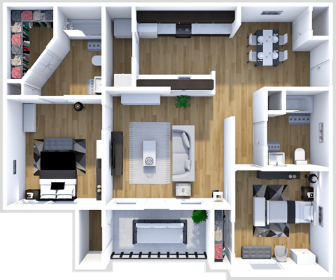 Floor plan for 2 beds, 2 baths, 956 sqft