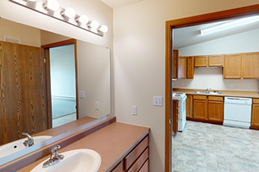 Williston apartment for rent - A bathroom with a vanity and a mirror.