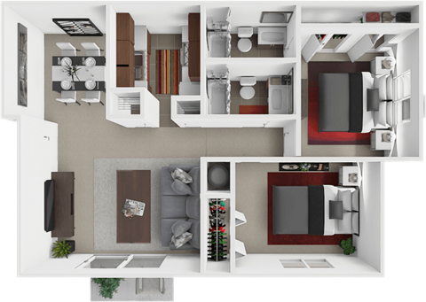 Floor plan for 2 beds, 2 baths, 991 sqft