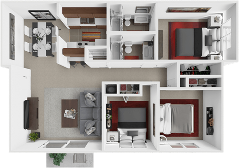 Floor plan for 3 beds, 2 baths, 1100 sqft