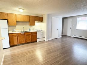 Denver apartment for rent - A kitchen with wooden cabinets and a white refrigerator.