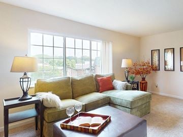 Affton townhouse for rent - A living room with a green couch and a brown coffee table.