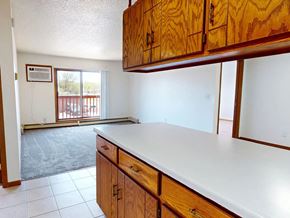 Waite Park apartment for rent - A kitchen with wooden cabinets and a white counter top.