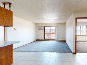 Waite Park apartment for rent - A room with a blue rug and a window with a view of a building outside.