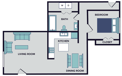 Floor plan for 1 bed, 1 bath, 936 sqft