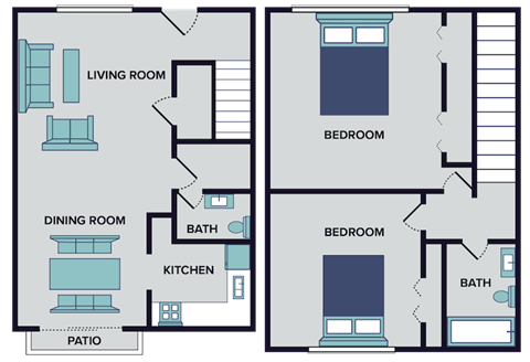 Floor plan for 2 beds, 1.5 baths, 960 sqft