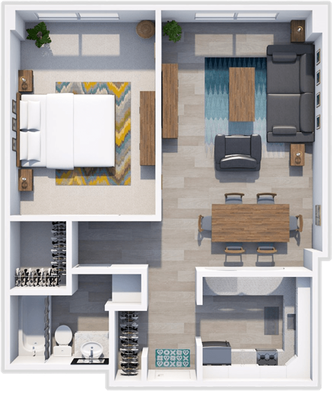 Floor plan for 1 bed, 1 bath, 750 sqft