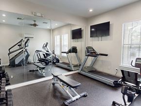 Denham Springs apartment for rent - A spacious gym with treadmills, elliptical machines, and a television.