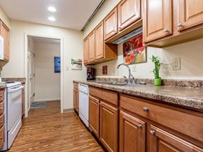 Duluth apartment for rent - A kitchen with wooden cabinets and a granite countertop.