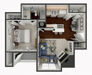 Floor plan for 1 bed, 1 bath, 597 sqft