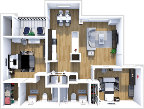 Floor plan for 2 beds, 2 baths, 843 sqft