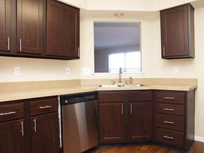Topeka townhouse for rent - a kitchen with a sink and cabinets and a window