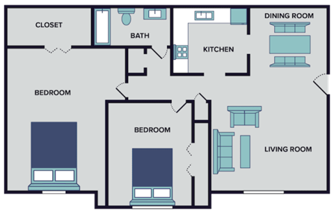 Floor plan for 2 beds, 1 bath, 940 sqft