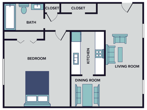 Floor plan for 1 bed, 1 bath, 750 sqft