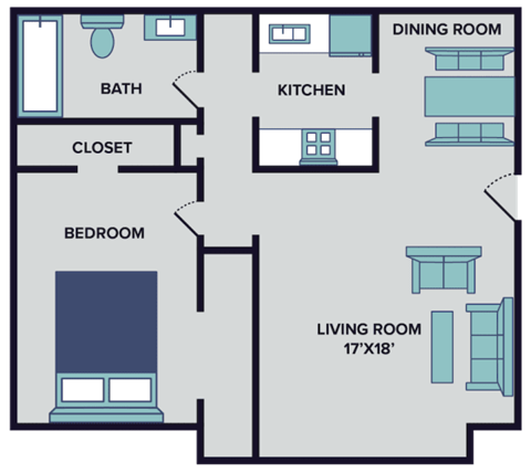 Floor plan for 1 bed, 1 bath, 840 sqft