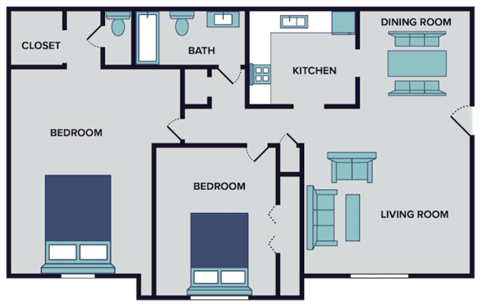 Floor plan for 2 beds, 1.5 baths, 940 sqft