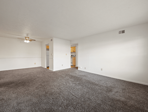 Clarksville apartment for rent - A spacious room with a carpeted floor and a ceiling fan.