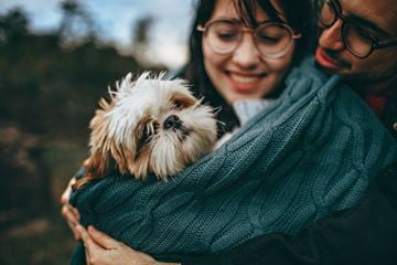 Sandusky apartment for rent - A person is holding a small dog wrapped in a teal blanket.