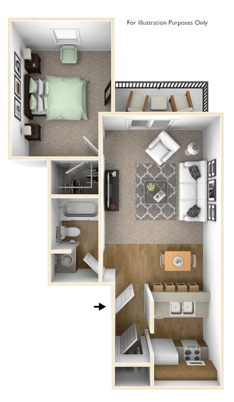 Floor plan for 1 bed, 1 bath, 585 sqft