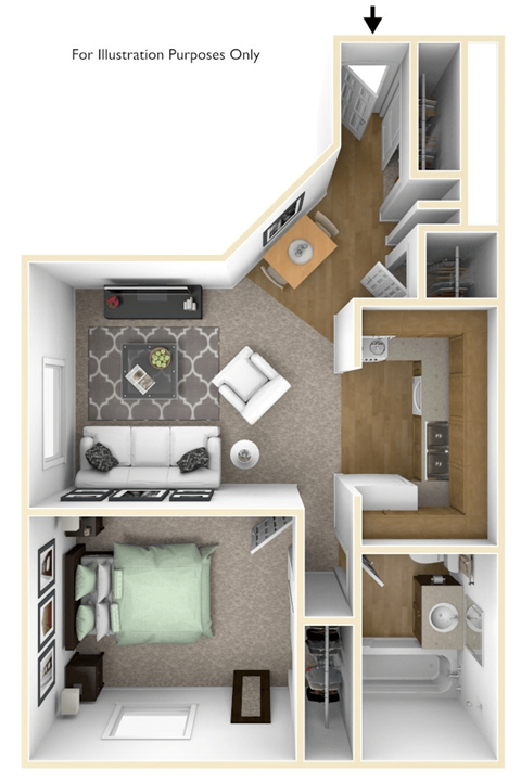 Floor plan for 1 bed, 1 bath, 675 sqft