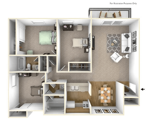 Floor plan for 3 beds, 2 baths, 1215 sqft
