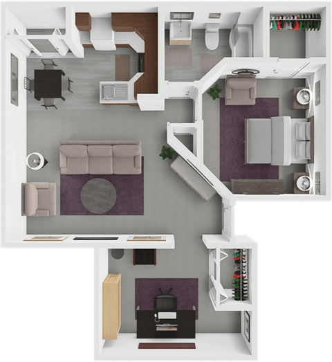 Floor plan for 1 bed, 1 bath, 848 sqft
