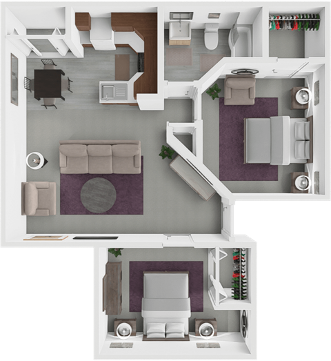 Floor plan for 2 beds, 1 bath, 848 sqft