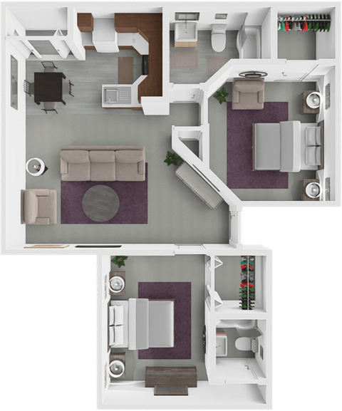 Floor plan for 2 beds, 2 baths, 979 sqft