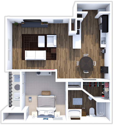 Floor plan for 1 bed, 1 bath, 724 sqft