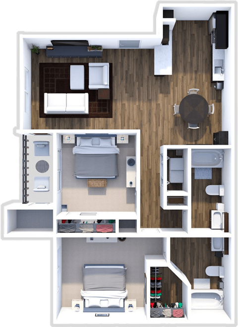 Floor plan for 2 beds, 2 baths, 933 sqft
