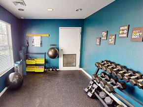 Florissant apartment for rent - A gym room with a blue wall and a white door.