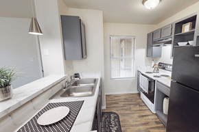 Florissant apartment for rent - A kitchen with a sink and a refrigerator.