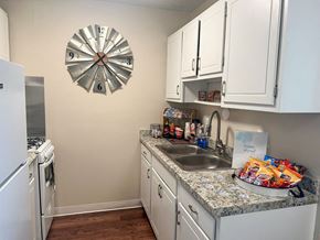 Muskegon apartment for rent - a kitchen with a sink and a refrigerator