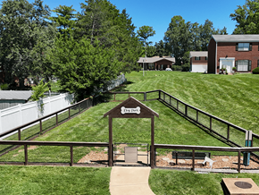 Sappington townhouse for rent - A park with a sign that says "Dog Park" in the middle of a grassy area.