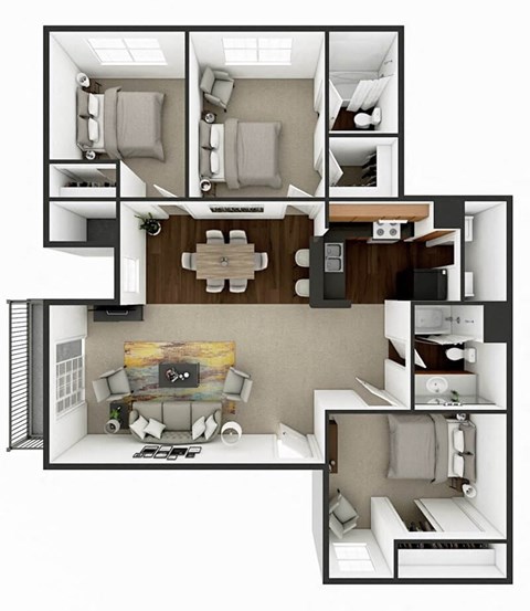 Floor plan for 3 beds, 2 baths, 1031 sqft