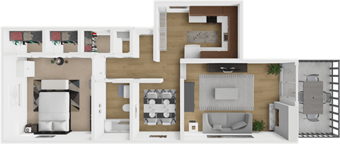 Floor plan for 1 bed, 1 bath, 833 sqft