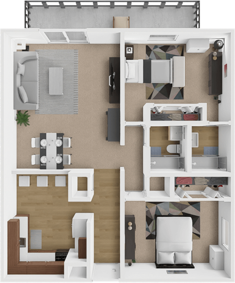 Floor plan for 2 beds, 2 baths, 910 sqft