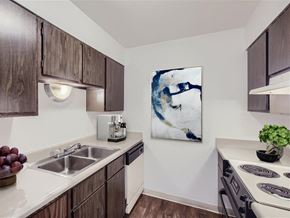 Greeley apartment for rent - a kitchen with wooden cabinets and a sink