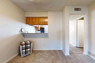St. Louis townhouse for rent - A room with a window, a clock, a shelf, and a carpet.