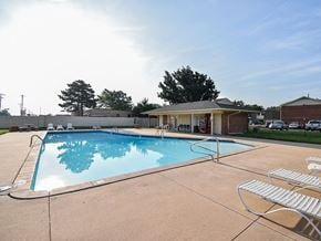 Wichita townhouse for rent - a swimming pool with chairs around it in front of a clubhouse