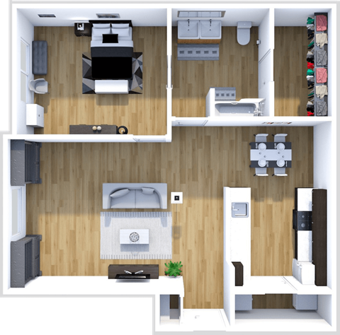 Floor plan for 1 bed, 1 bath, 737 sqft