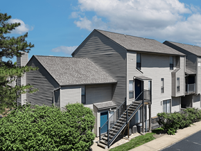 Ofallon townhouse for rent - A building with a grey facade and a blue door.