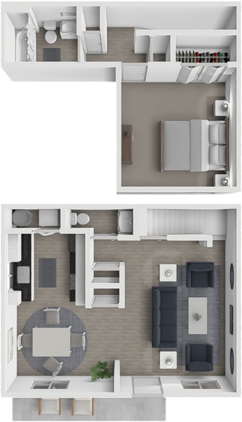 Floor plan for 1 bed, 1.5 baths, 705 sqft