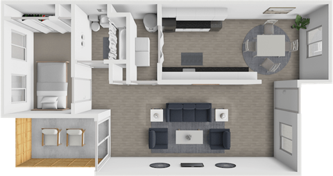 Floor plan for 1 bed, 1.5 baths, 694 sqft