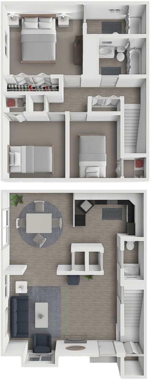 Floor plan for 3 beds, 2.5 baths, 1105 sqft
