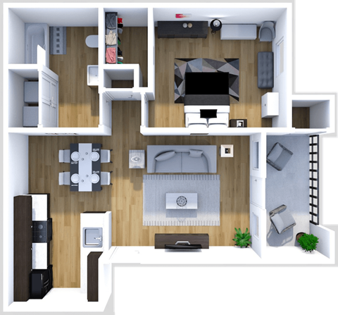 Floor plan for 1 bed, 1 bath, 613 sqft