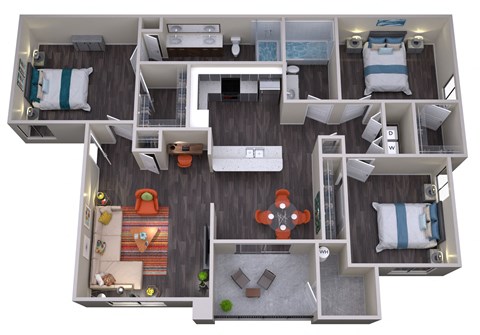 Floor plan for 3 beds, 2 baths, 1191 sqft