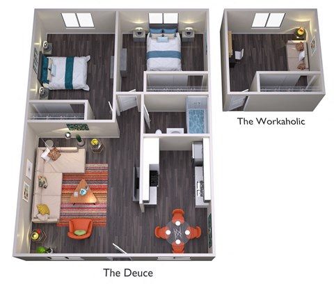 Floor plan for 2 beds, 1 bath, 715 sqft
