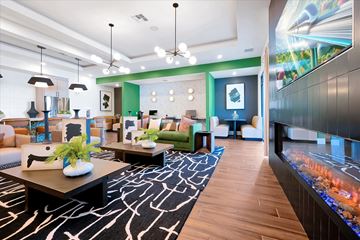 Fruitland Park apartment for rent - A modern living room with a black and white patterned rug and a coffee table with a vase of flowers on it.