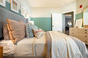 Greenville apartment for rent - a bedroom with a bed with pillows and a dresser